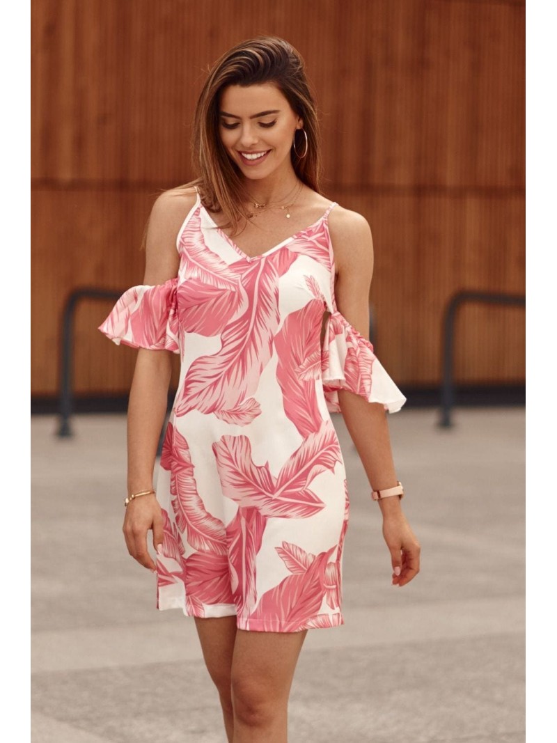 Cream dress with straps and sleeves in pink leaves PR3215 - Online store - Boutique